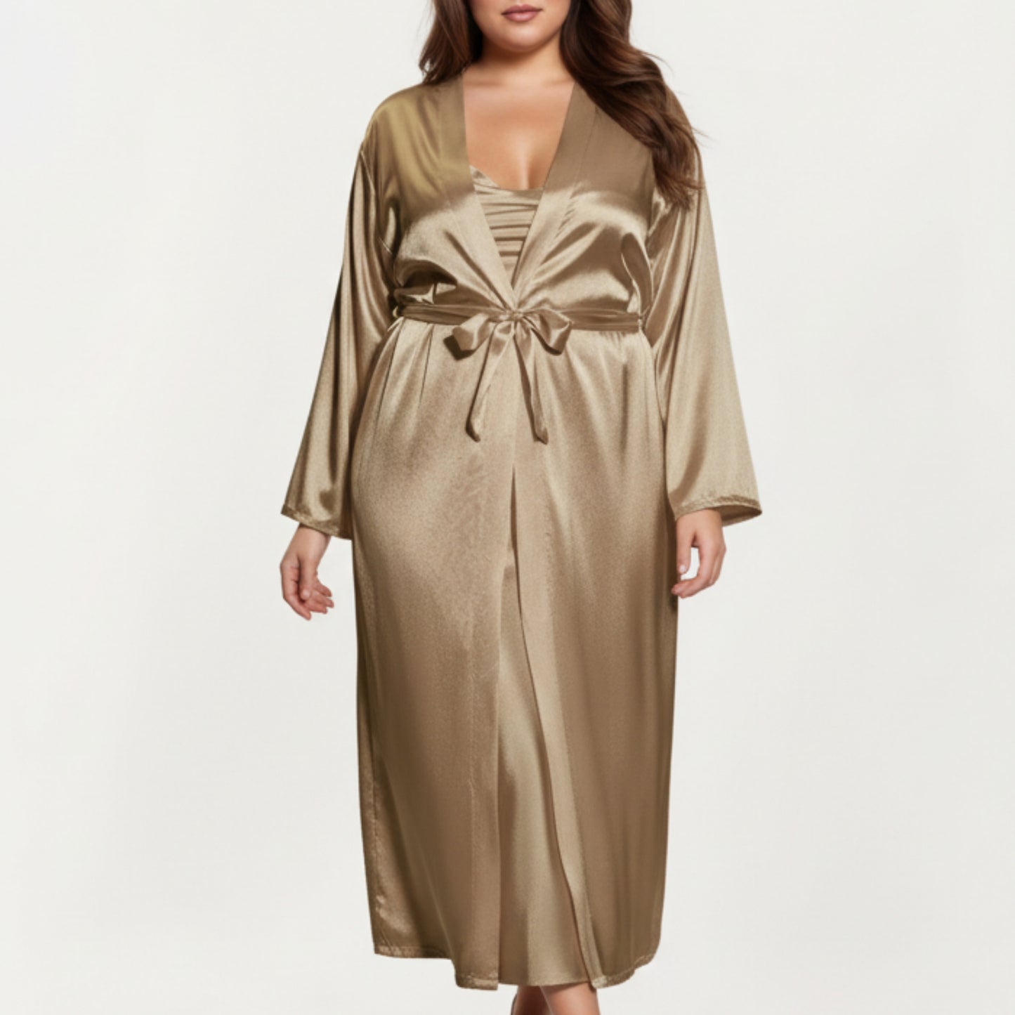 PLus Size Satin Robe and Slip Set with Smooth Draping Fabric and Elegant Silhouette