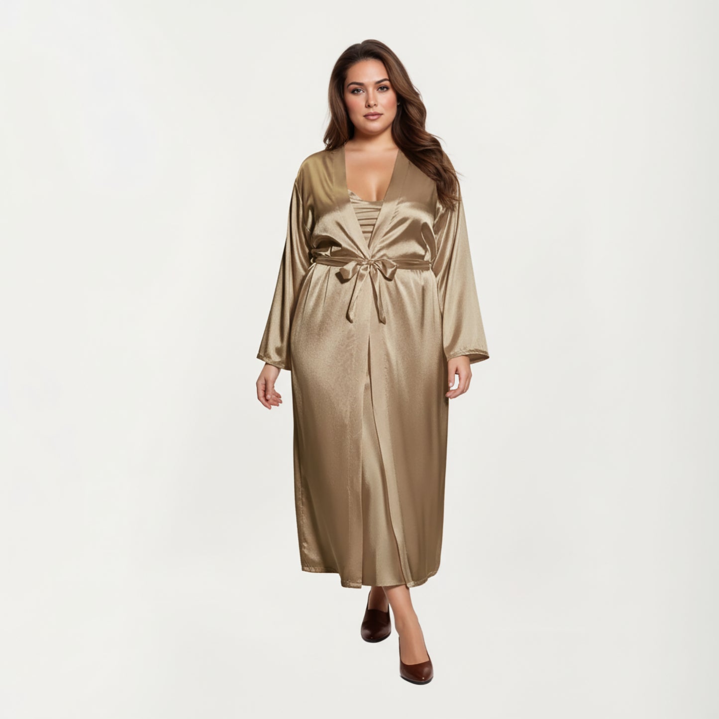 PLus Size Satin Robe and Slip Set with Smooth Draping Fabric and Elegant Silhouette
