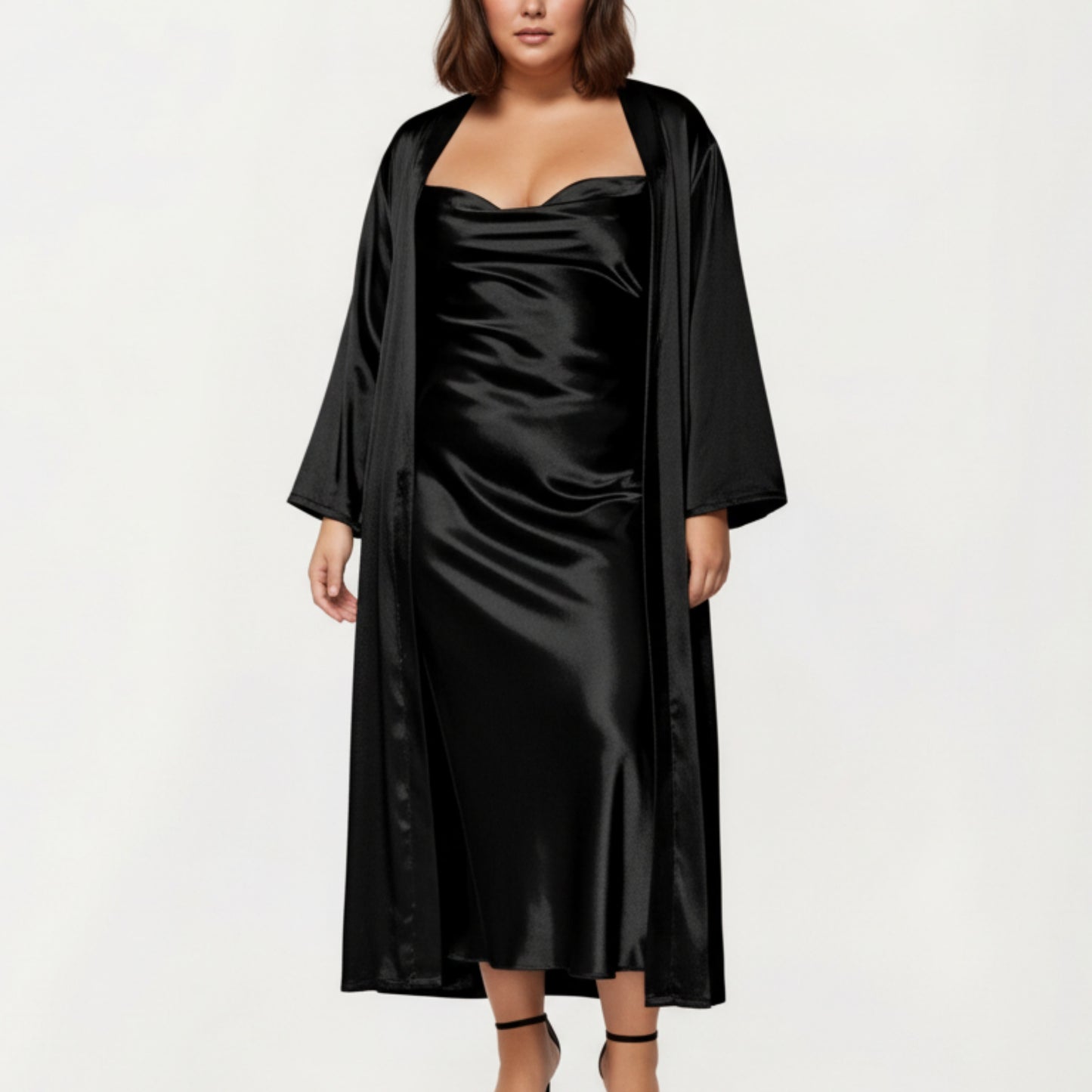 PLus Size Satin Robe and Slip Set with Smooth Draping Fabric and Elegant Silhouette