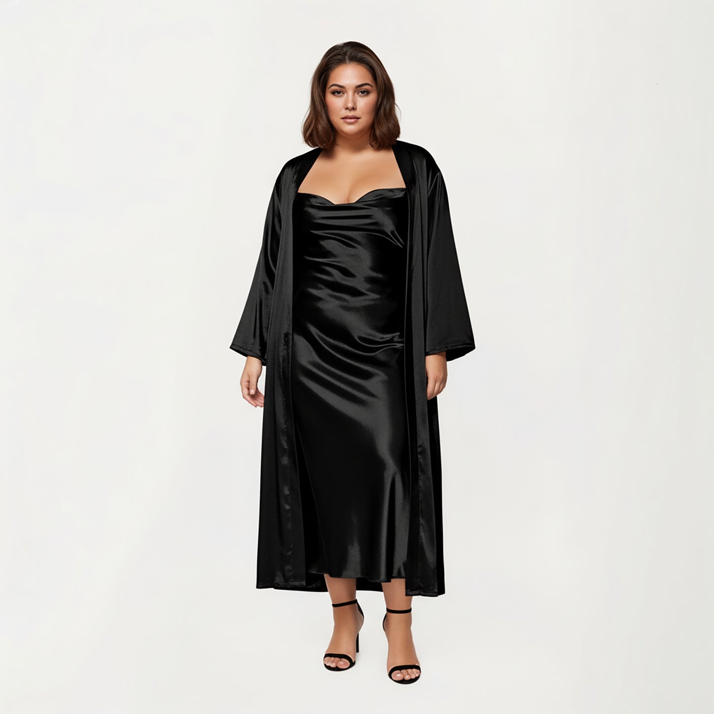 PLus Size Satin Robe and Slip Set with Smooth Draping Fabric and Elegant Silhouette