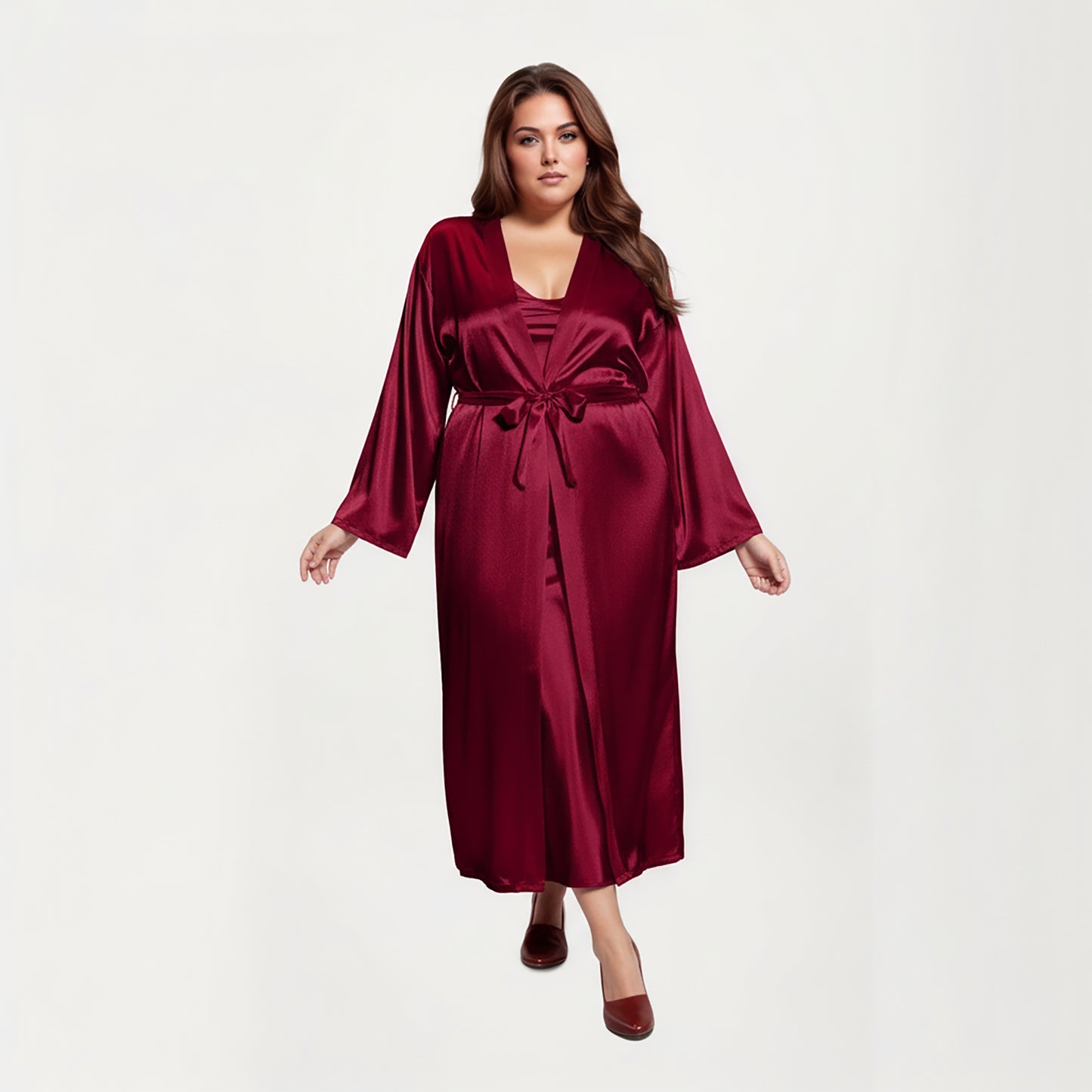 PLus Size Satin Robe and Slip Set with Smooth Draping Fabric and Elegant Silhouette