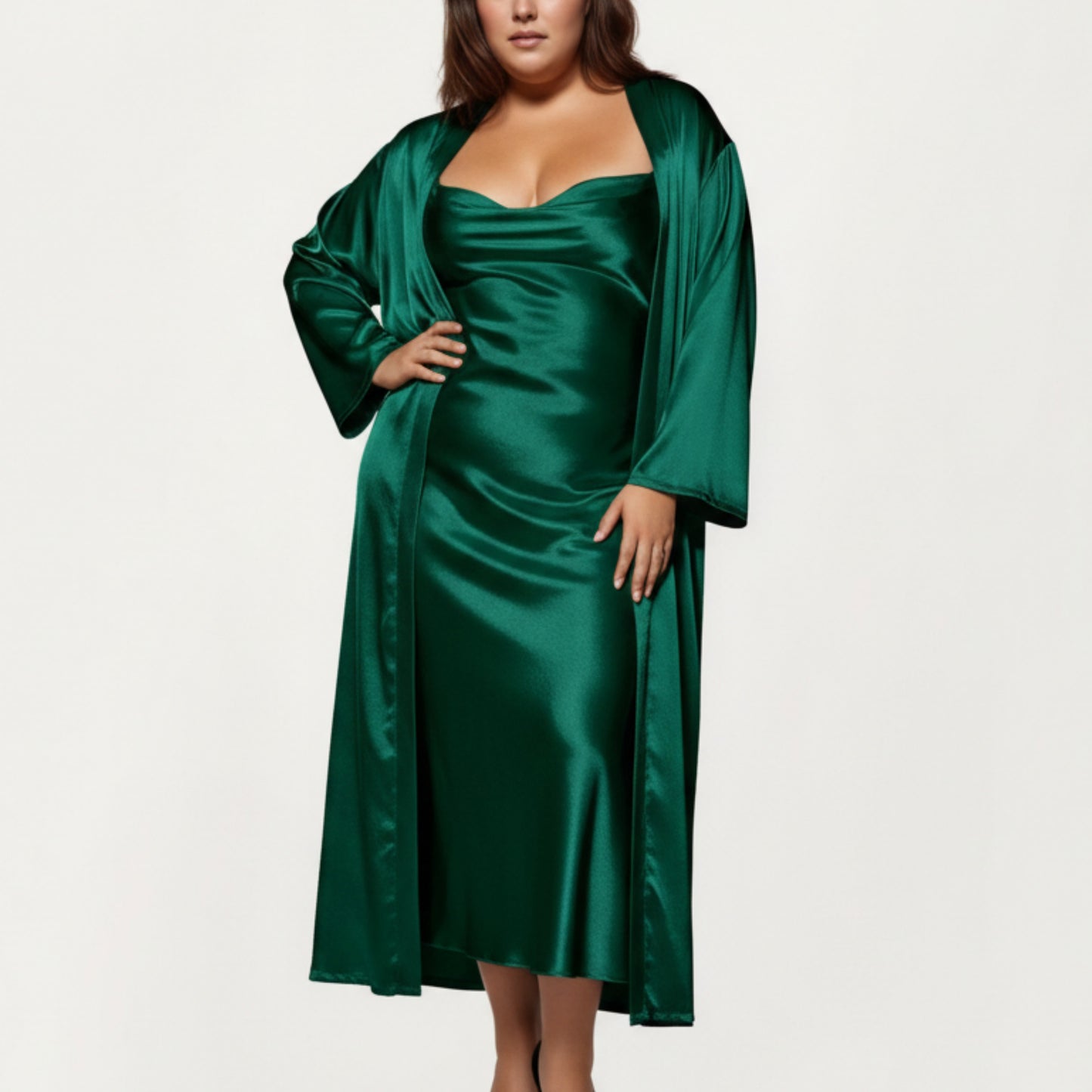 PLus Size Satin Robe and Slip Set with Smooth Draping Fabric and Elegant Silhouette
