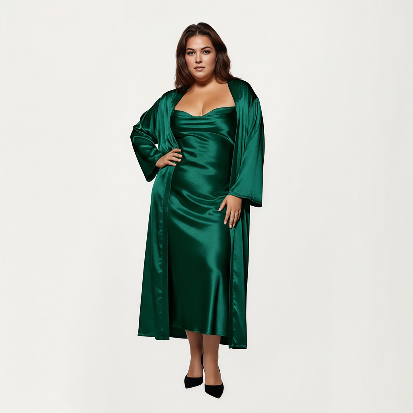 PLus Size Satin Robe and Slip Set with Smooth Draping Fabric and Elegant Silhouette
