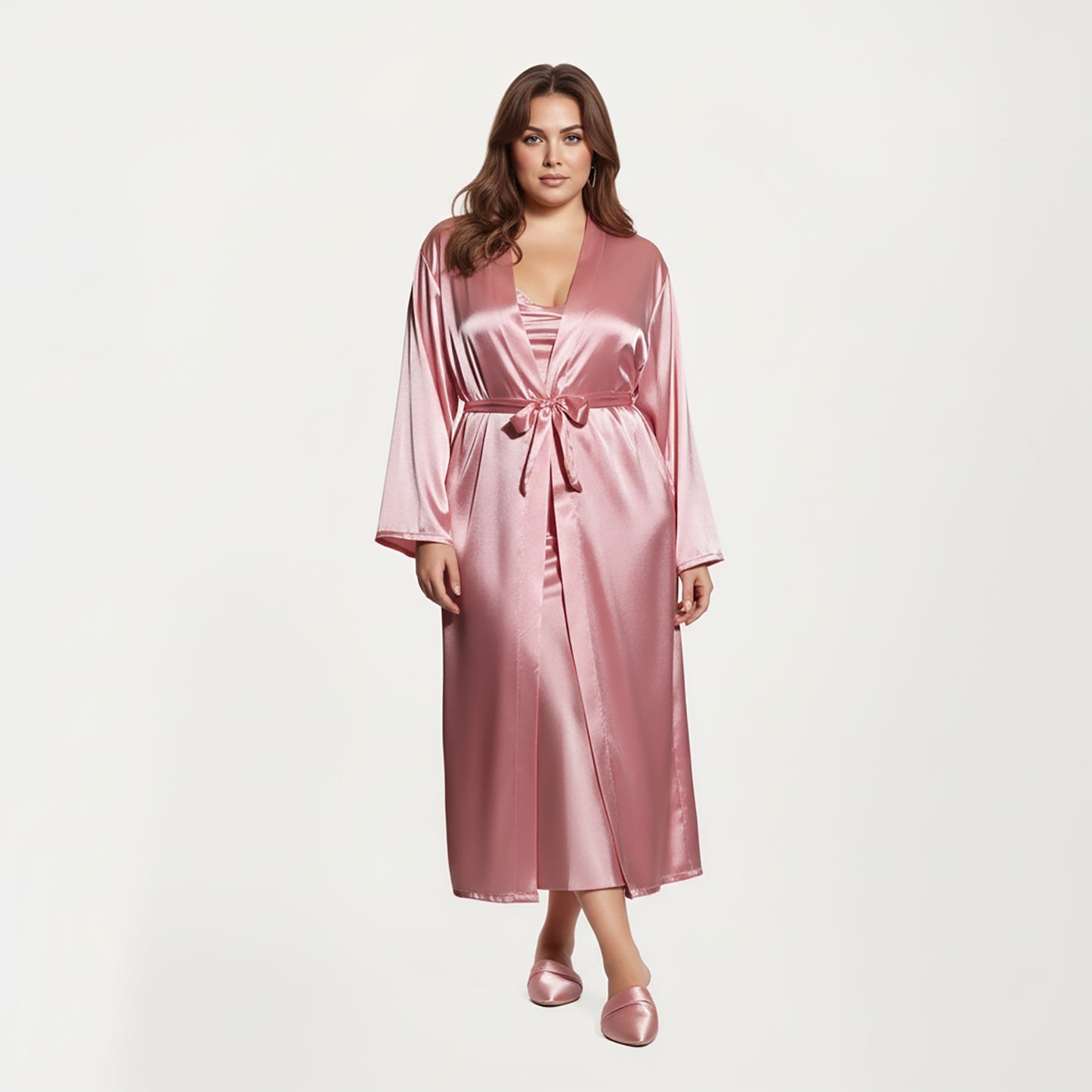 PLus Size Satin Robe and Slip Set with Smooth Draping Fabric and Elegant Silhouette