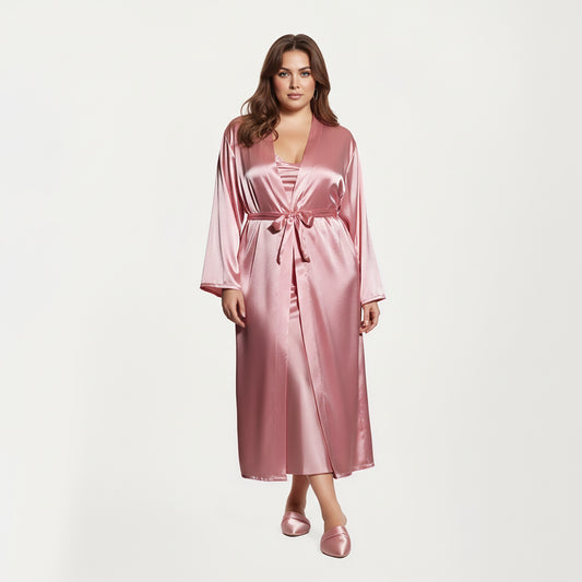 PLus Size Satin Robe and Slip Set with Smooth Draping Fabric and Elegant Silhouette