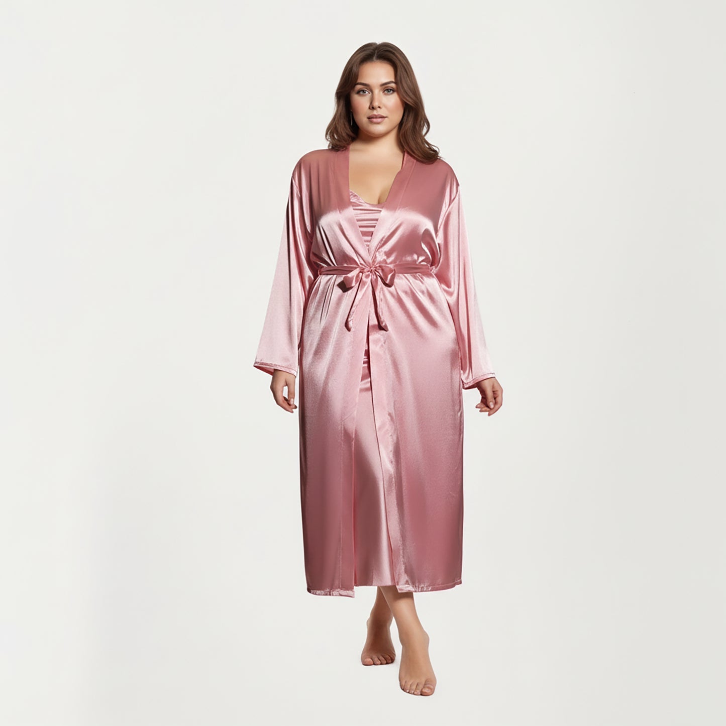PLus Size Satin Robe and Slip Set with Smooth Draping Fabric and Elegant Silhouette