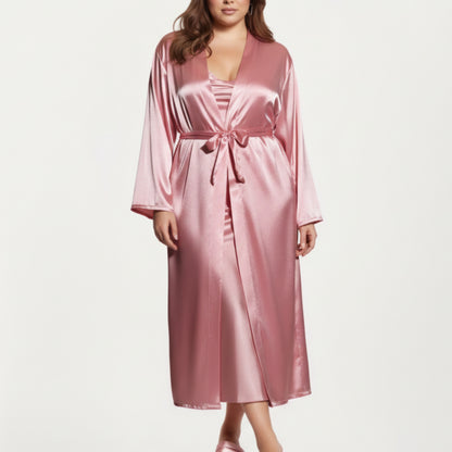 PLus Size Satin Robe and Slip Set with Smooth Draping Fabric and Elegant Silhouette