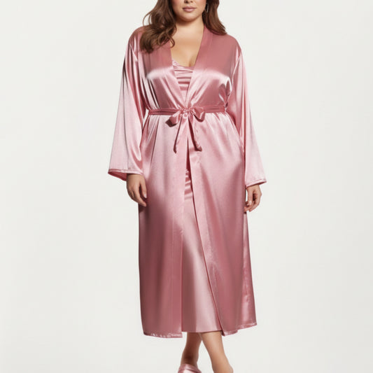PLus Size Satin Robe and Slip Set with Smooth Draping Fabric and Elegant Silhouette