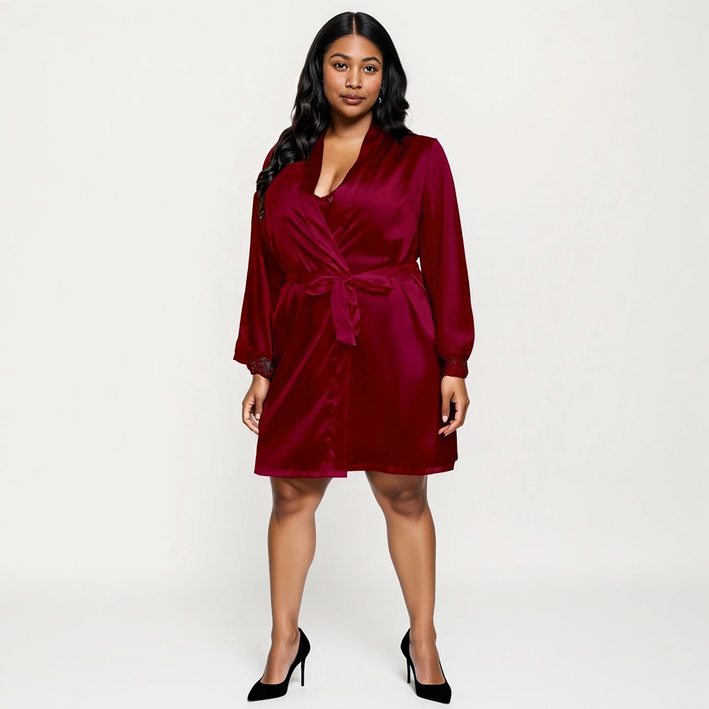 PLus Size Satin Robe and Slip Set with Soft Lace Trim on Sleeves and Delicate Sheen