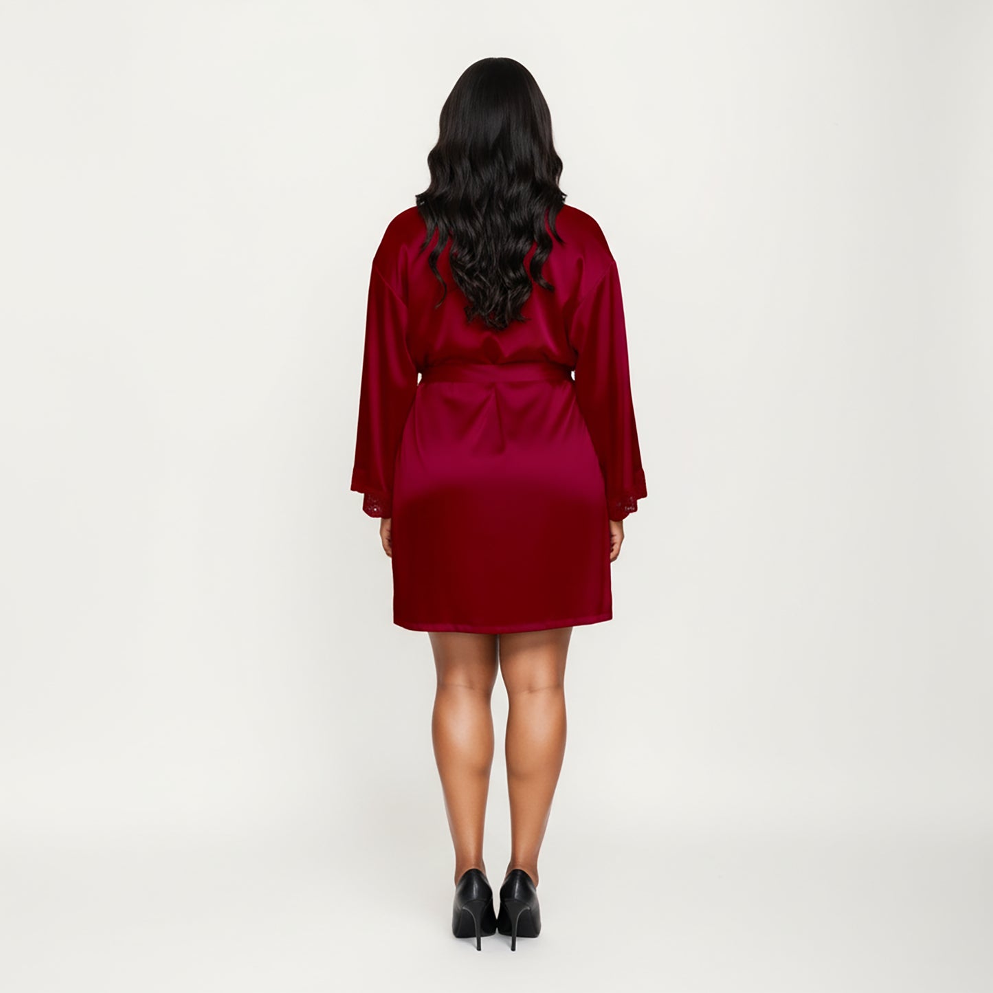 PLus Size Satin Robe and Slip Set with Soft Lace Trim on Sleeves and Delicate Sheen