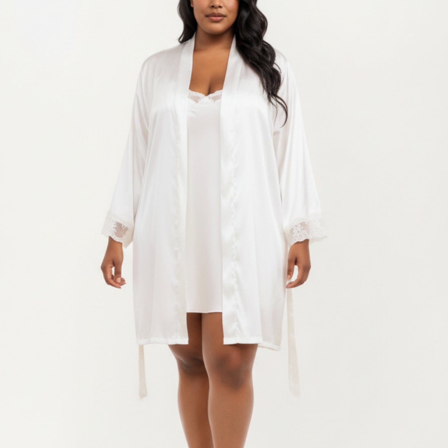 PLus Size Satin Robe and Slip Set with Soft Lace Trim on Sleeves and Delicate Sheen