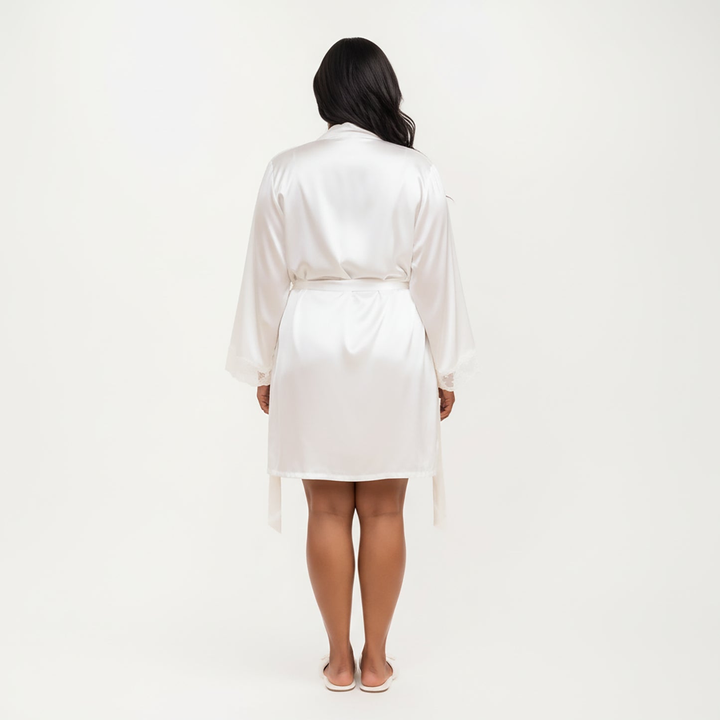 PLus Size Satin Robe and Slip Set with Soft Lace Trim on Sleeves and Delicate Sheen