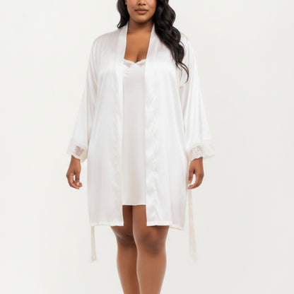 PLus Size Satin Robe and Slip Set with Soft Lace Trim on Sleeves and Delicate Sheen