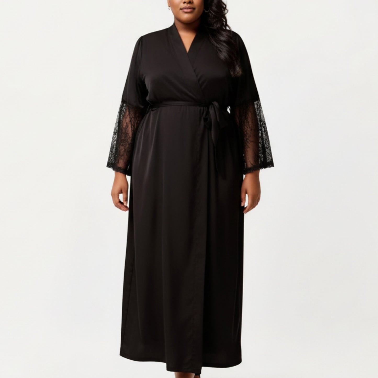 PLus Size Long Satin Robe with Sheer Lace Sleeve Panels and Adjustable Tie Waist for a Flowing Silhouette