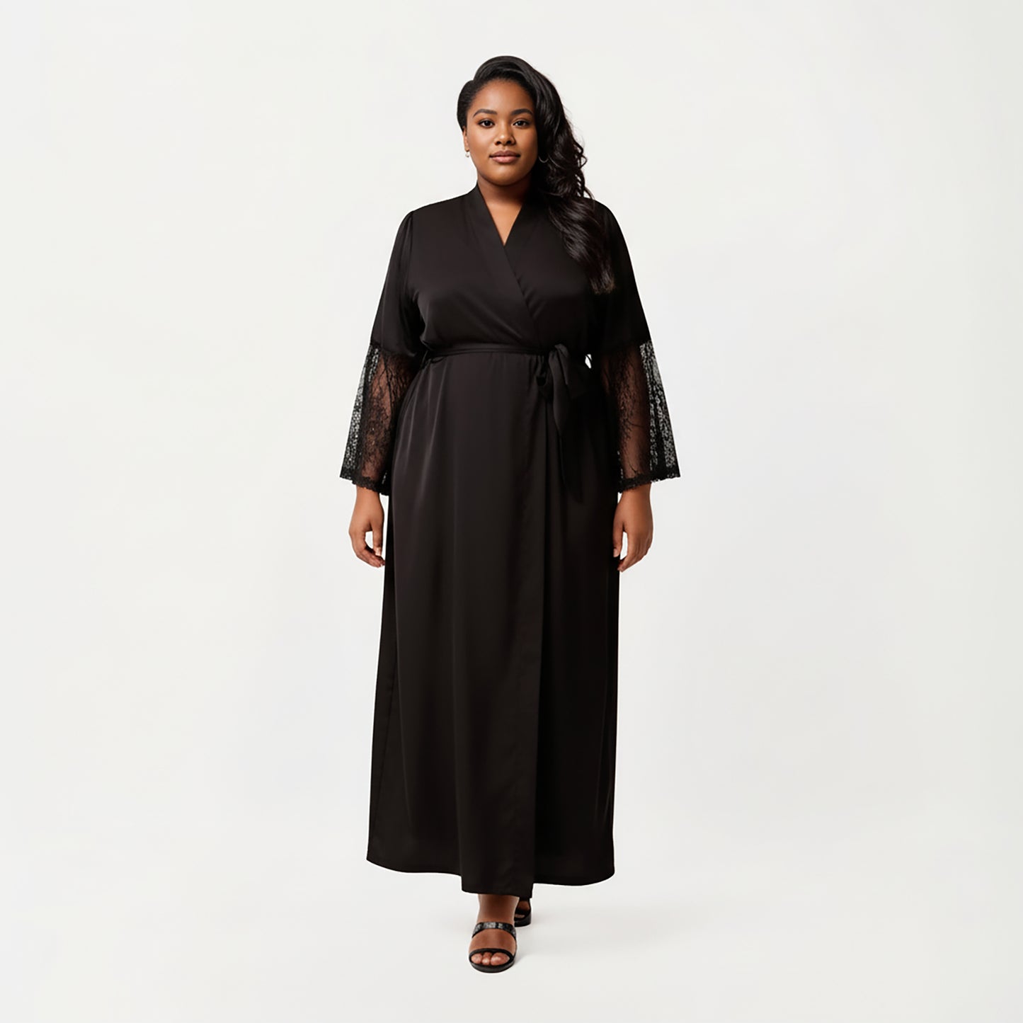 PLus Size Long Satin Robe with Sheer Lace Sleeve Panels and Adjustable Tie Waist for a Flowing Silhouette