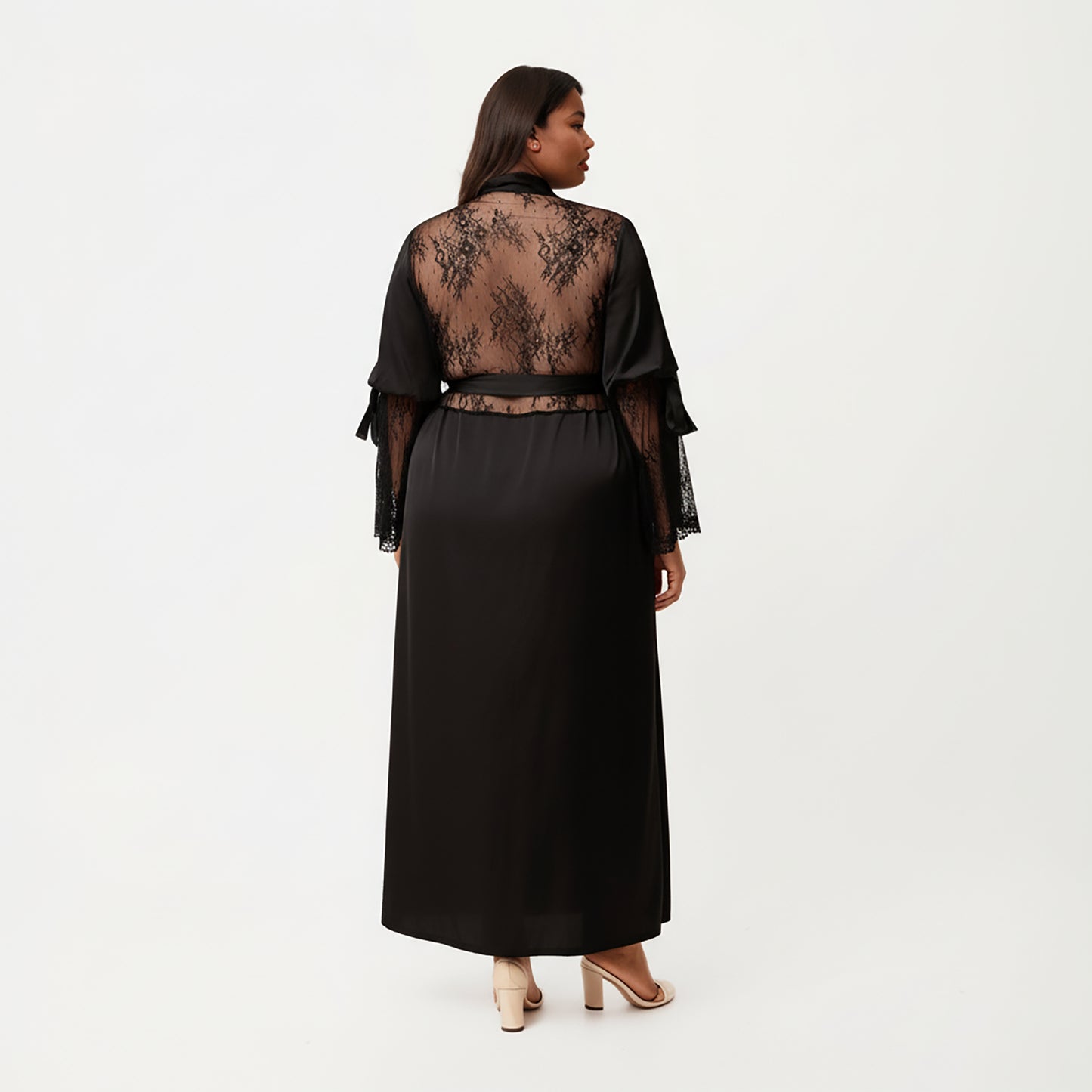 PLus Size Long Satin Robe with Sheer Lace Sleeve Panels and Adjustable Tie Waist for a Flowing Silhouette
