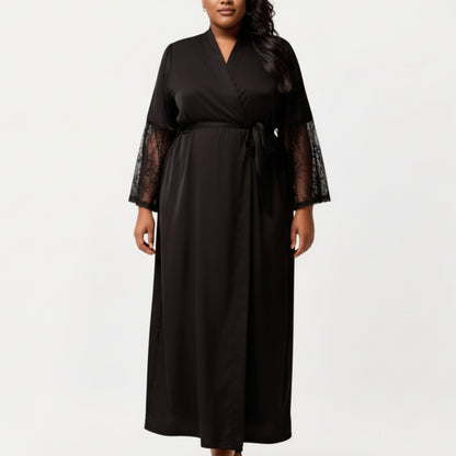PLus Size Long Satin Robe with Sheer Lace Sleeve Panels and Adjustable Tie Waist for a Flowing Silhouette