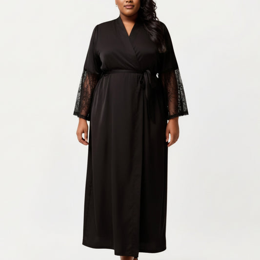 PLus Size Long Satin Robe with Sheer Lace Sleeve Panels and Adjustable Tie Waist for a Flowing Silhouette