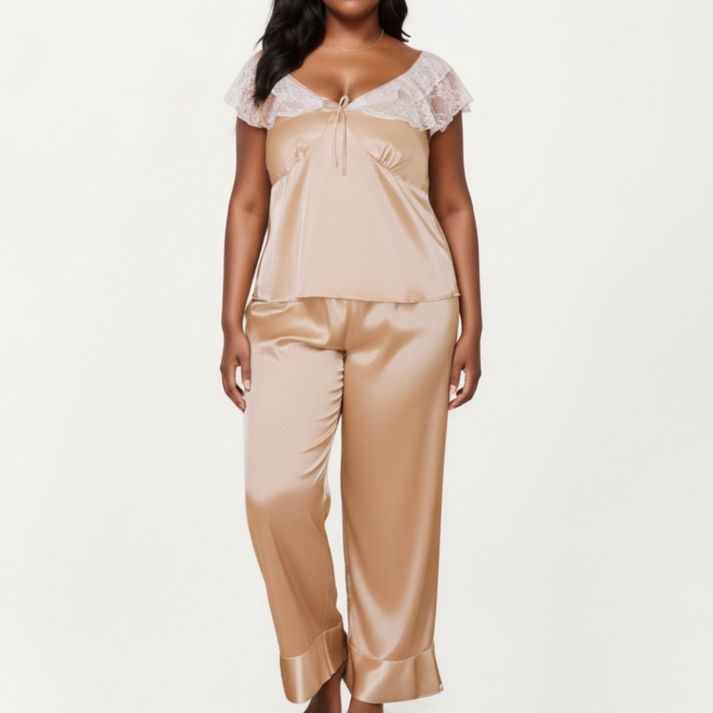 PLus Size 2-Piece Set Satin Lace Trim Sleep Top and Wide Leg Pants with Soft Draping Silhouette