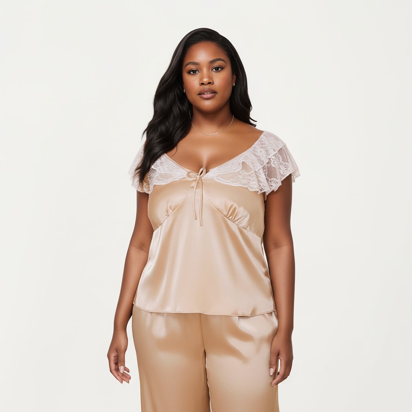 PLus Size 2-Piece Set Satin Lace Trim Sleep Top and Wide Leg Pants with Soft Draping Silhouette