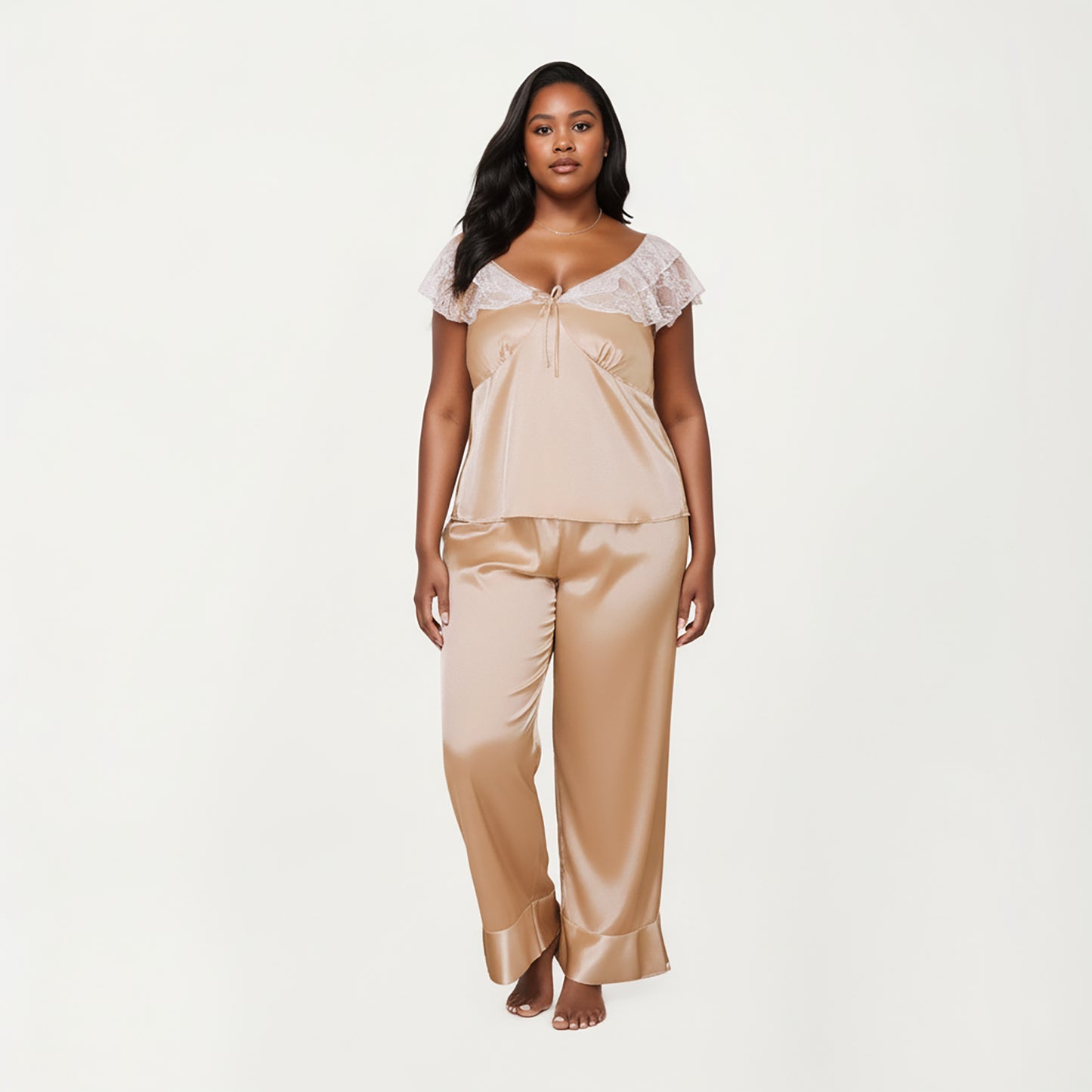 PLus Size 2-Piece Set Satin Lace Trim Sleep Top and Wide Leg Pants with Soft Draping Silhouette