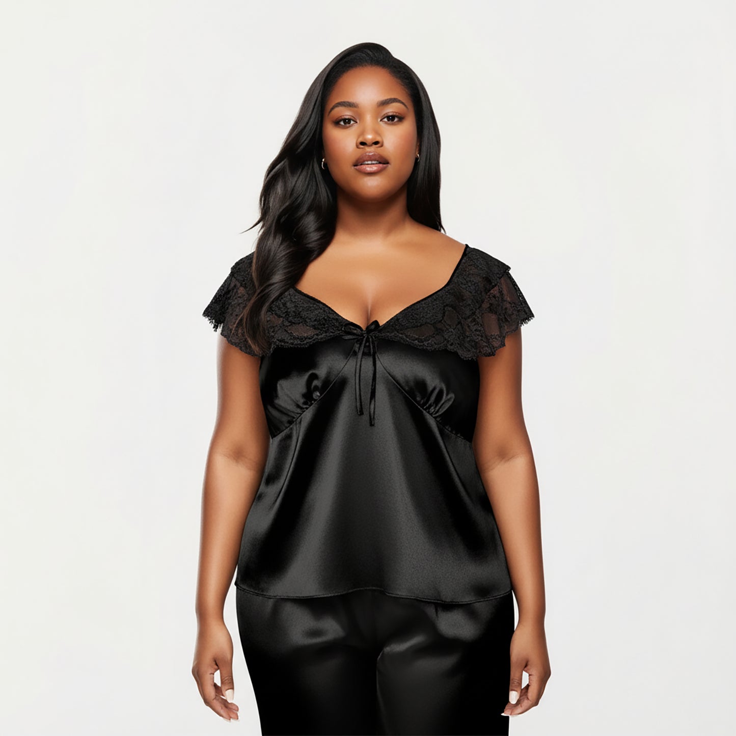 PLus Size 2-Piece Set Satin Lace Trim Sleep Top and Wide Leg Pants with Soft Draping Silhouette