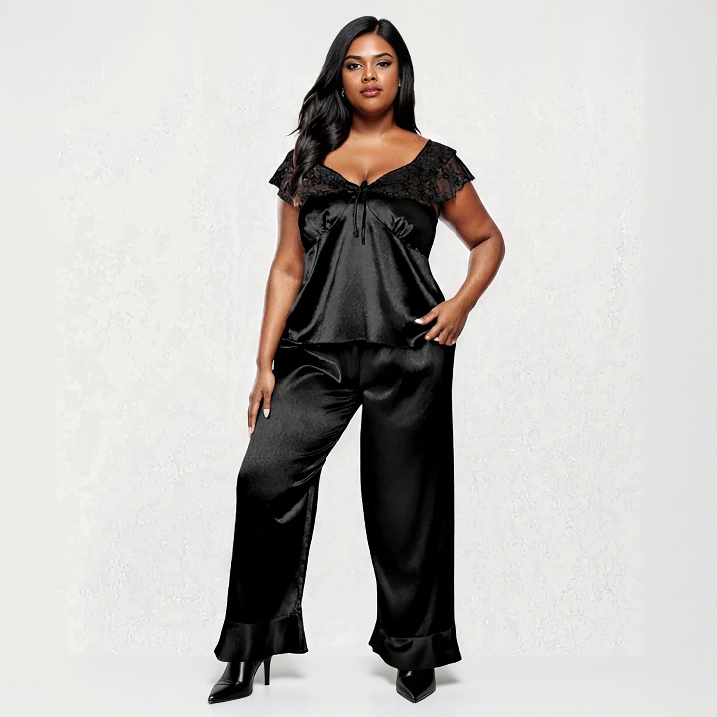 PLus Size 2-Piece Set Satin Lace Trim Sleep Top and Wide Leg Pants with Soft Draping Silhouette