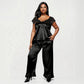 PLus Size 2-Piece Set Satin Lace Trim Sleep Top and Wide Leg Pants with Soft Draping Silhouette