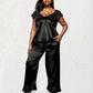 PLus Size 2-Piece Set Satin Lace Trim Sleep Top and Wide Leg Pants with Soft Draping Silhouette