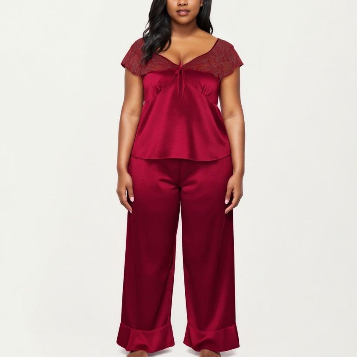 PLus Size 2-Piece Set Satin Lace Trim Sleep Top and Wide Leg Pants with Soft Draping Silhouette