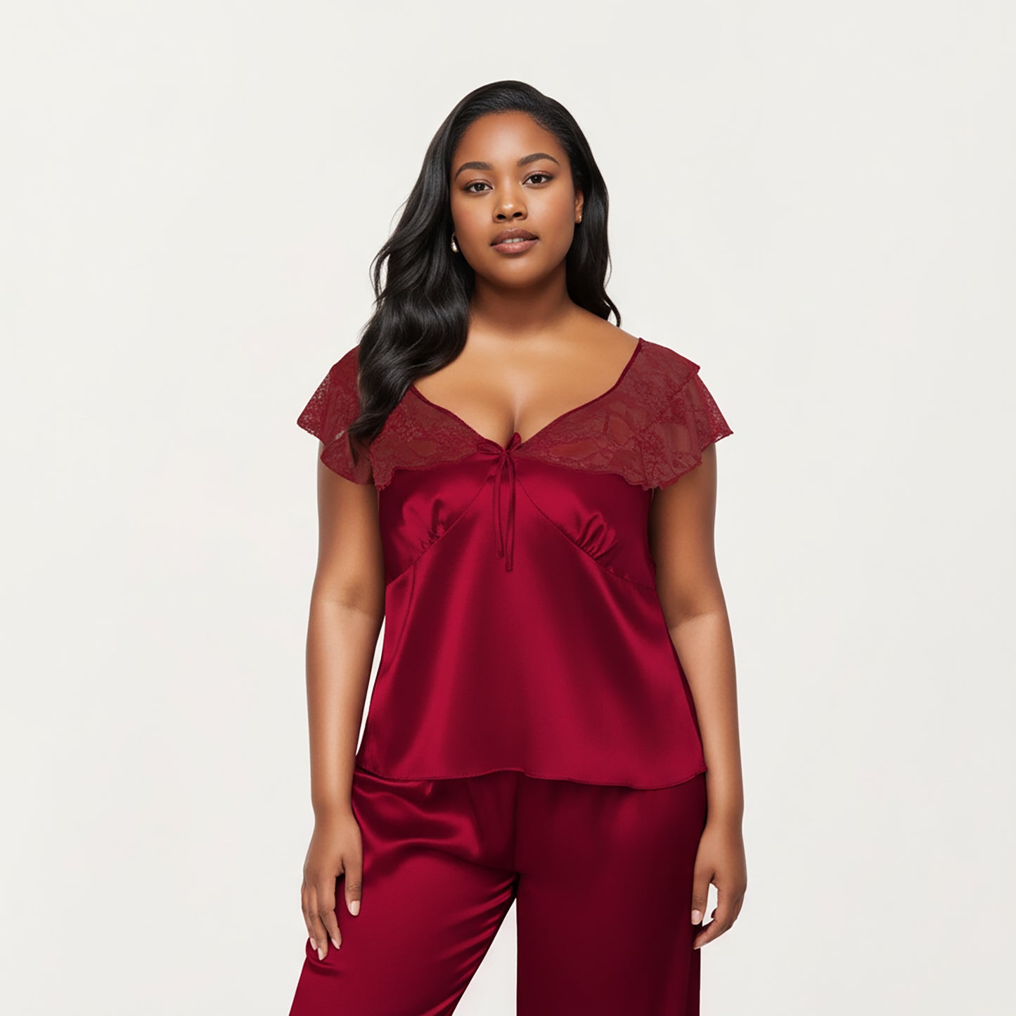 PLus Size 2-Piece Set Satin Lace Trim Sleep Top and Wide Leg Pants with Soft Draping Silhouette