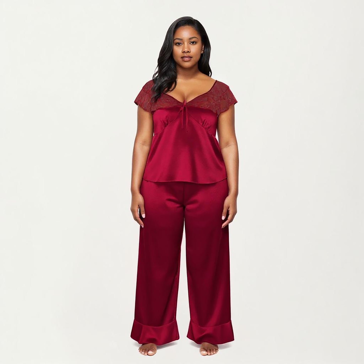 PLus Size 2-Piece Set Satin Lace Trim Sleep Top and Wide Leg Pants with Soft Draping Silhouette