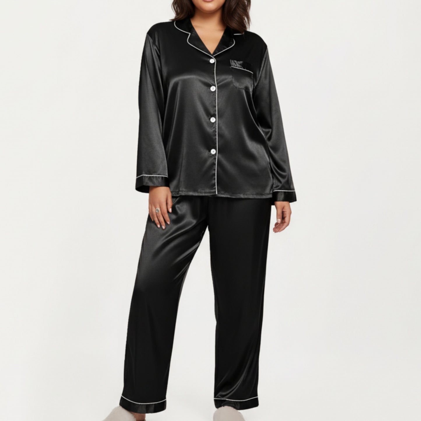 PLus Size 2-Piece Set Satin Button-Up Pajama Top and Relaxed Fit Pants with Contrast Piping Trim