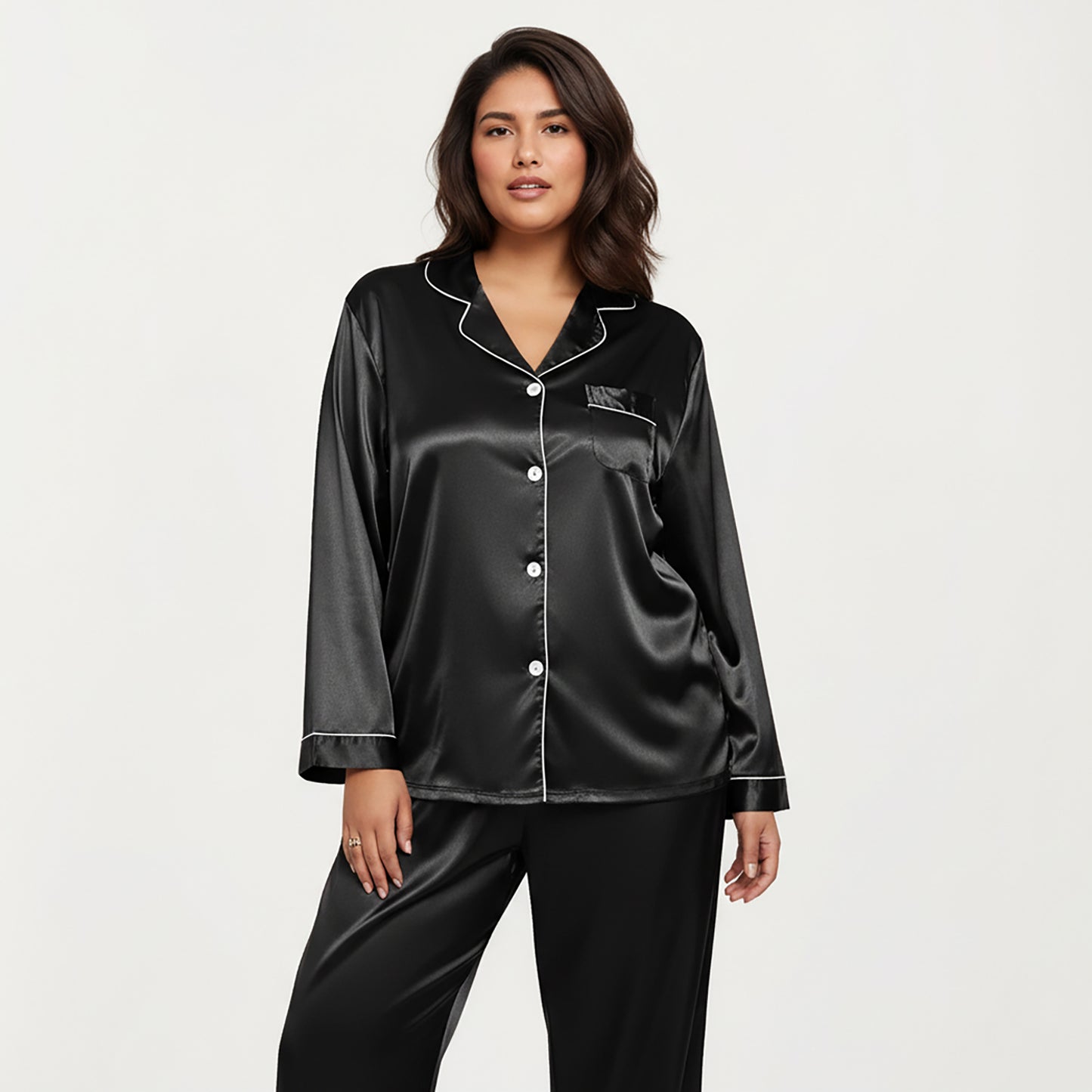 PLus Size 2-Piece Set Satin Button-Up Pajama Top and Relaxed Fit Pants with Contrast Piping Trim