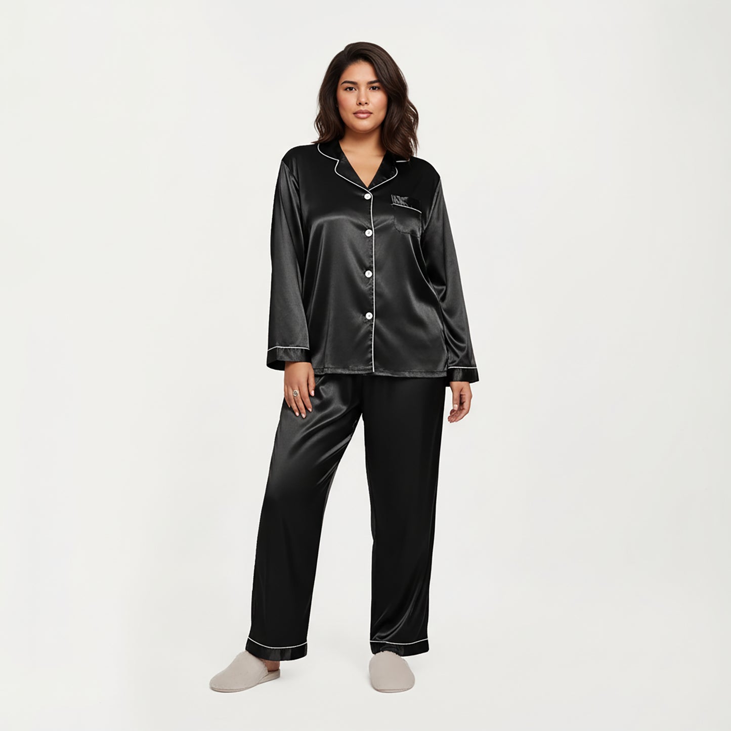 PLus Size 2-Piece Set Satin Button-Up Pajama Top and Relaxed Fit Pants with Contrast Piping Trim