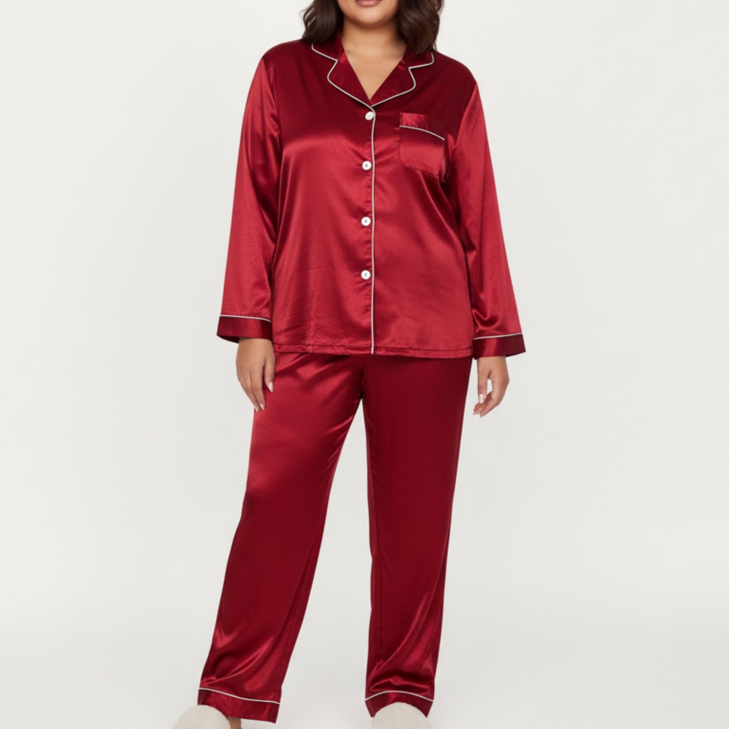 PLus Size 2-Piece Set Satin Button-Up Pajama Top and Relaxed Fit Pants with Contrast Piping Trim