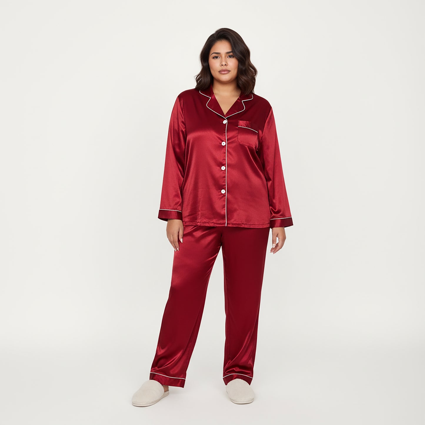 PLus Size 2-Piece Set Satin Button-Up Pajama Top and Relaxed Fit Pants with Contrast Piping Trim