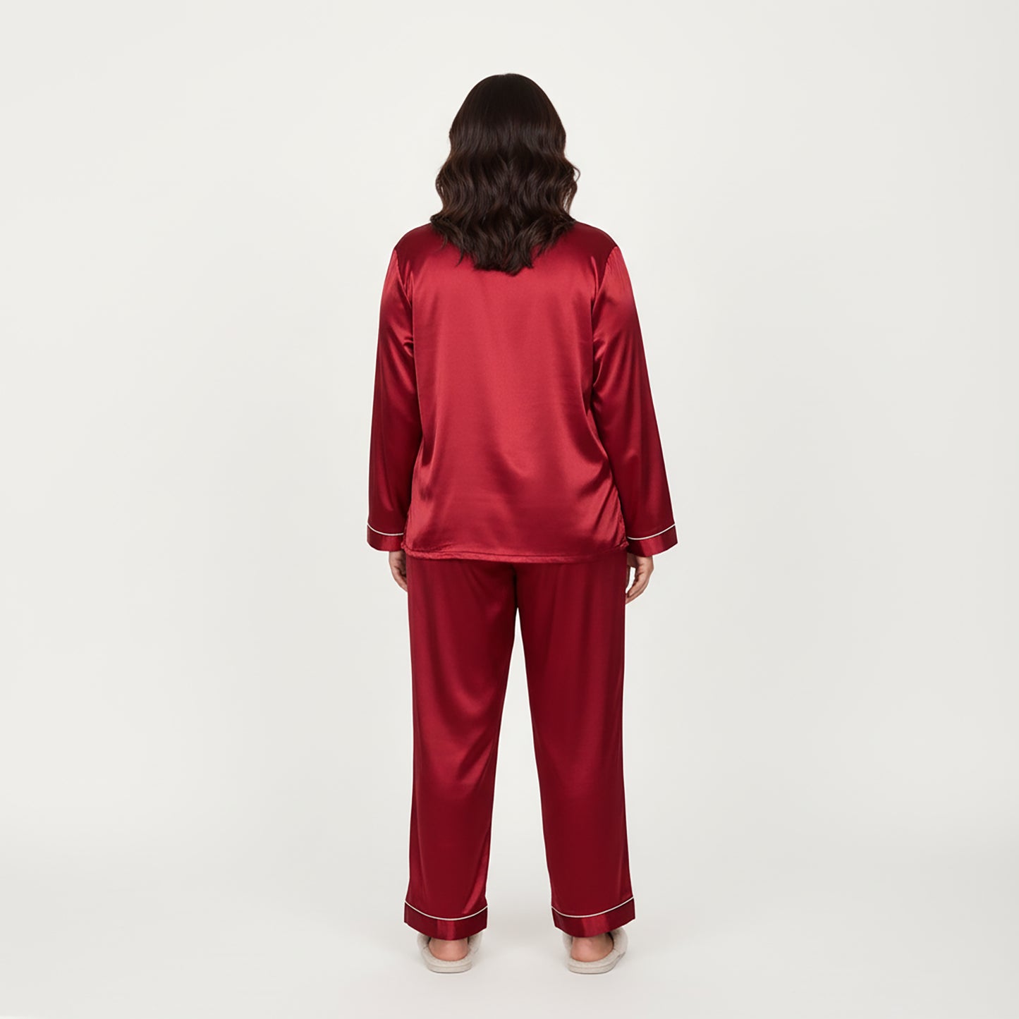 PLus Size 2-Piece Set Satin Button-Up Pajama Top and Relaxed Fit Pants with Contrast Piping Trim