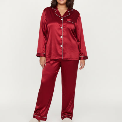 PLus Size 2-Piece Set Satin Button-Up Pajama Top and Relaxed Fit Pants with Contrast Piping Trim
