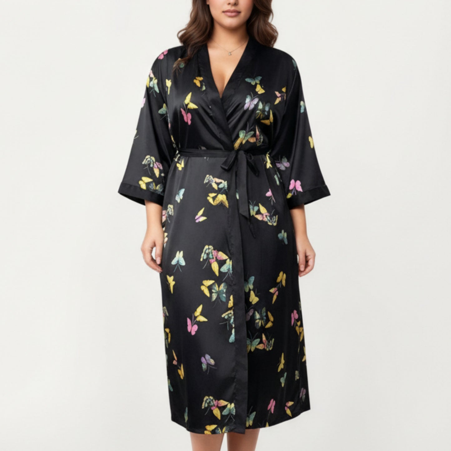 PLus Size Butterfly Print Satin Robe with Wrap Front Design, Wide Sleeves, and Adjustable Tie Waist Belt