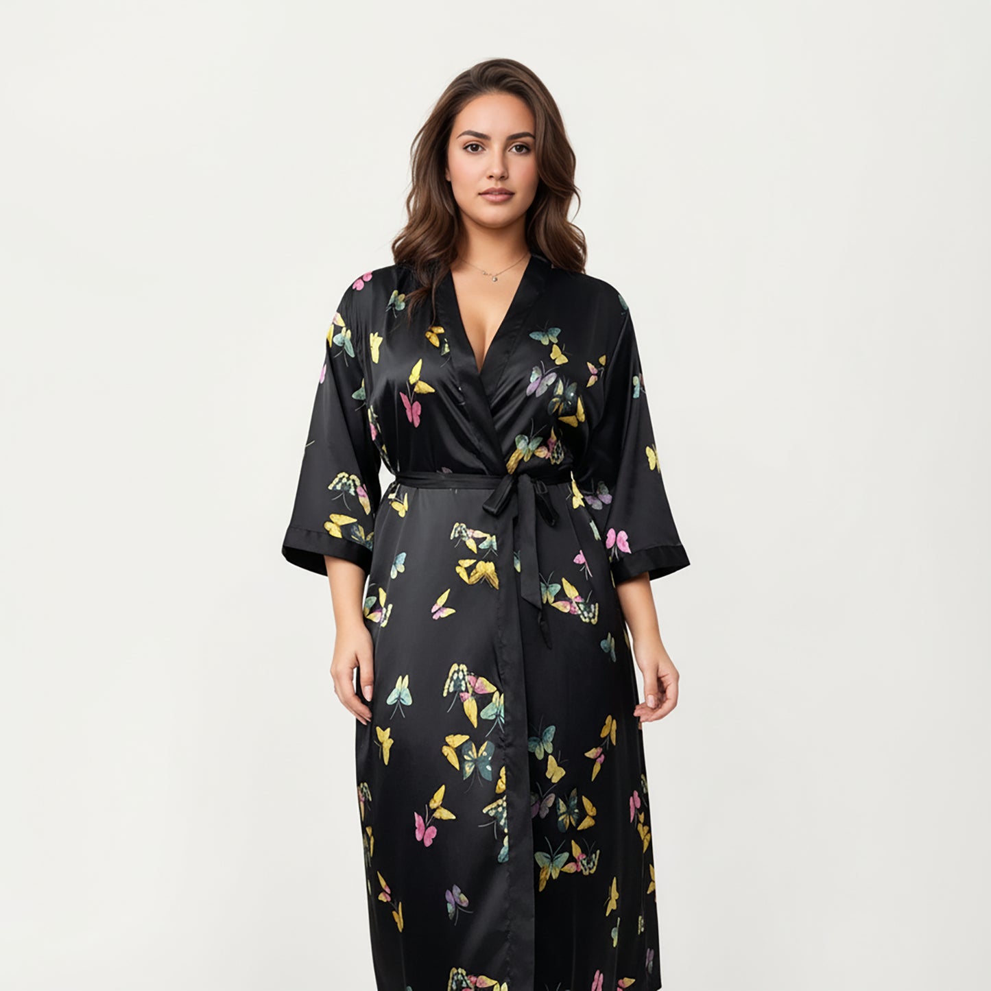 PLus Size Butterfly Print Satin Robe with Wrap Front Design, Wide Sleeves, and Adjustable Tie Waist Belt