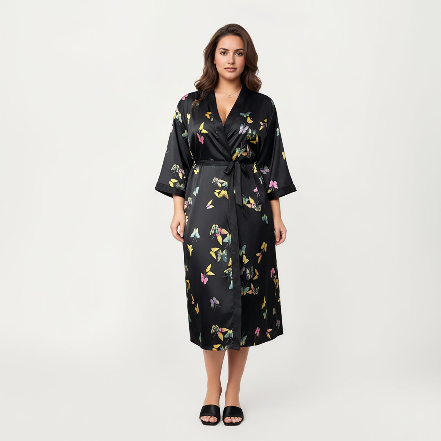 PLus Size Butterfly Print Satin Robe with Wrap Front Design, Wide Sleeves, and Adjustable Tie Waist Belt