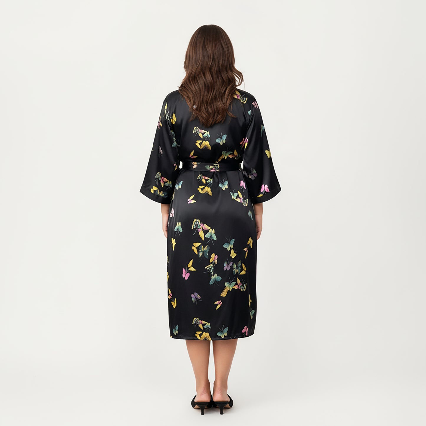 PLus Size Butterfly Print Satin Robe with Wrap Front Design, Wide Sleeves, and Adjustable Tie Waist Belt