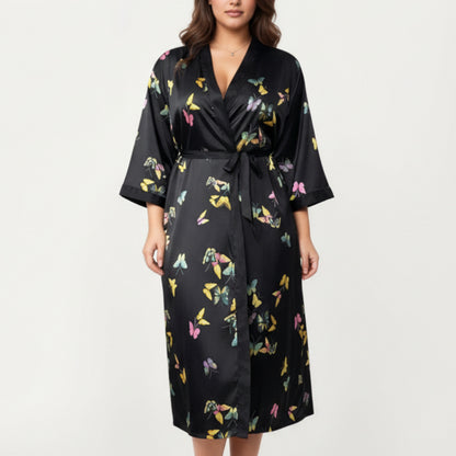 PLus Size Butterfly Print Satin Robe with Wrap Front Design, Wide Sleeves, and Adjustable Tie Waist Belt