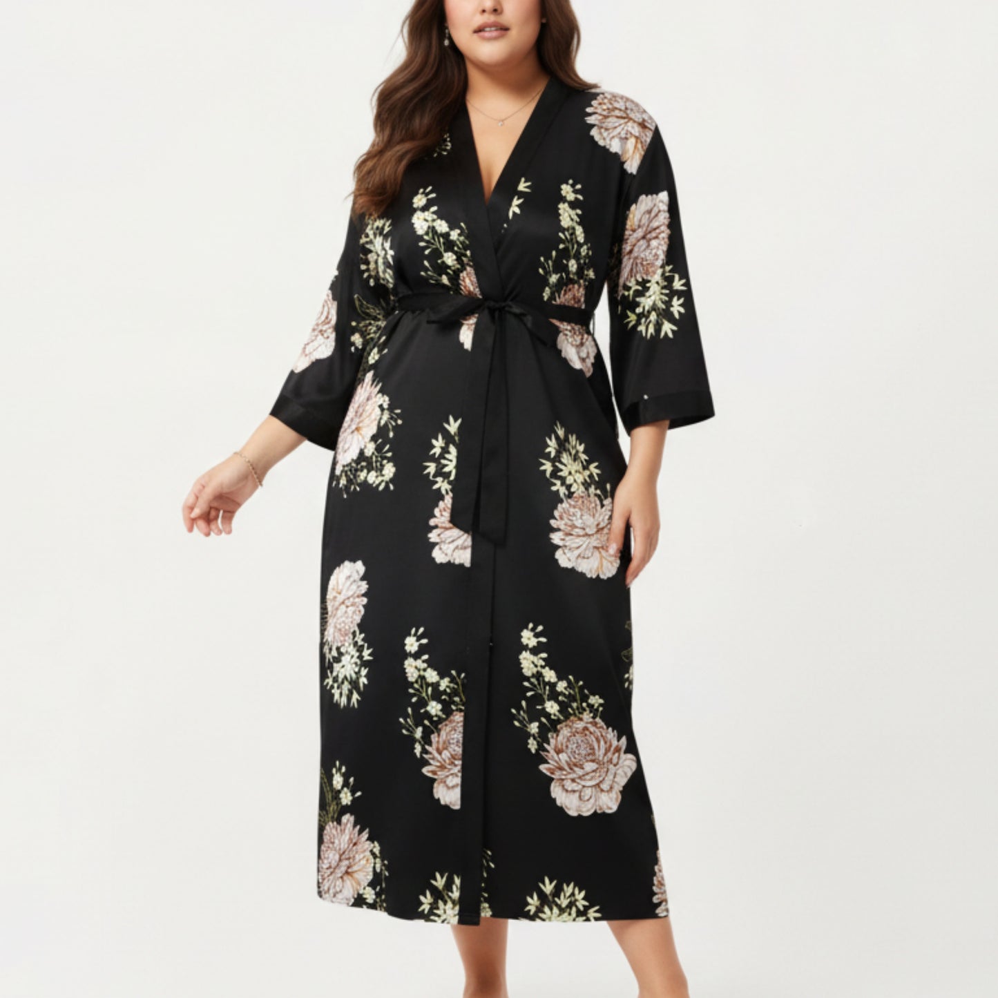 PLus Size Floral Satin Long Robe with Contrast Trim, Wrap Front Silhouette and Waist Tie Belt