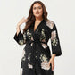 PLus Size Floral Satin Long Robe with Contrast Trim, Wrap Front Silhouette and Waist Tie Belt