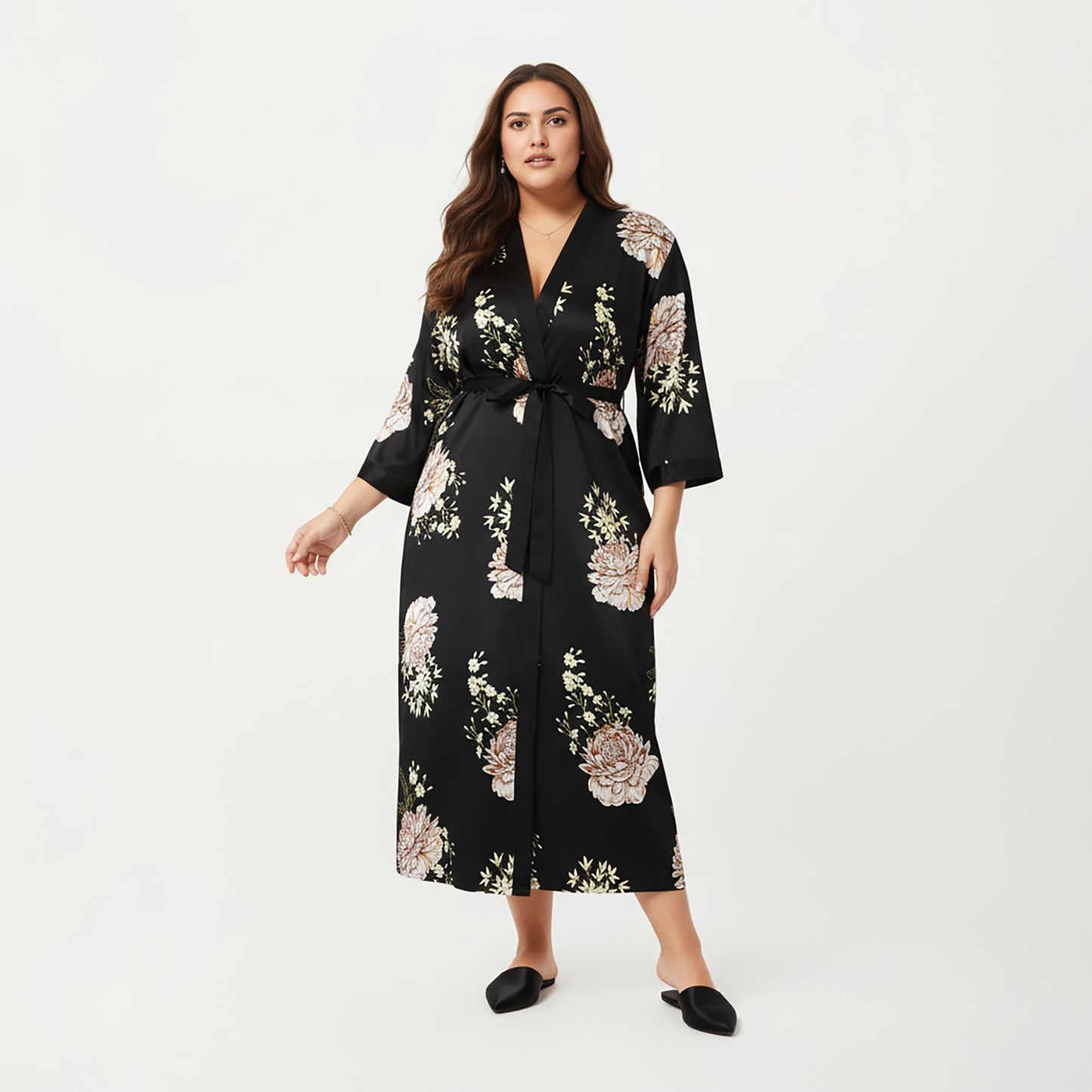 PLus Size Floral Satin Long Robe with Contrast Trim, Wrap Front Silhouette and Waist Tie Belt