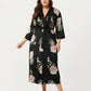 PLus Size Floral Satin Long Robe with Contrast Trim, Wrap Front Silhouette and Waist Tie Belt