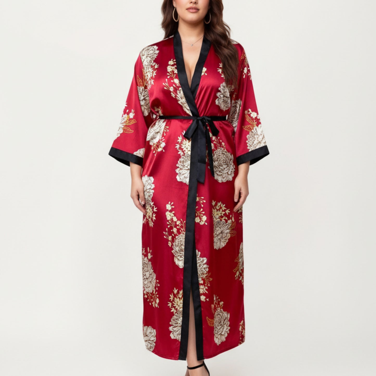 PLus Size Floral Satin Long Robe with Contrast Trim, Wrap Front Silhouette and Waist Tie Belt