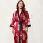PLus Size Floral Satin Long Robe with Contrast Trim, Wrap Front Silhouette and Waist Tie Belt